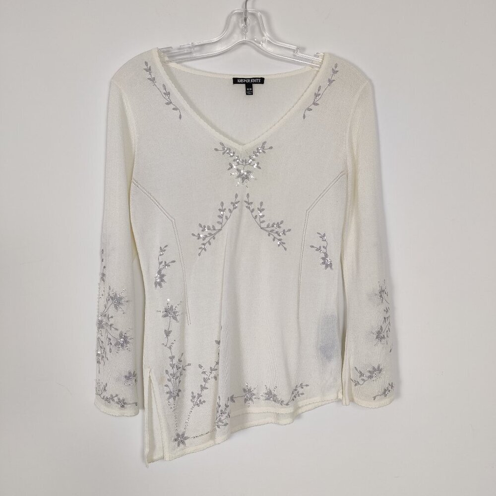 Kasper Knits Women's Asymmetrical Blouse Size M White Gray Embroidery Rayon Y2K